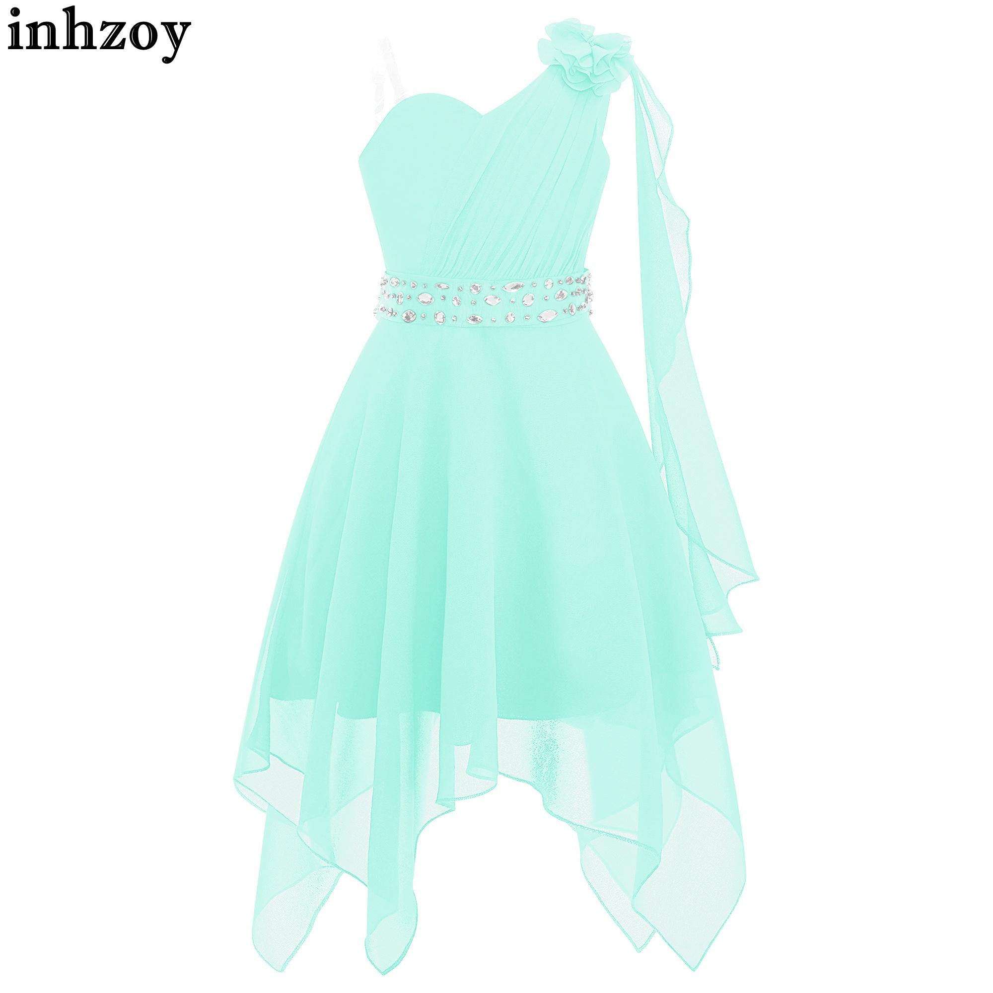 Kids Girls Birthday Party Princess Dress One Shoulder Asymmetrical Hem Chiffon Dress Flower Girls Bridesmaid Wedding Ball Gowns