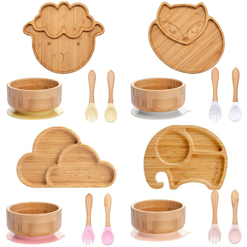 Dishes Bowl Suction Spoon 4pcs Plate Sets Children's Tableware Baby Bamboo Fork Tableware Plate Kids Feeding Dishes for Bab