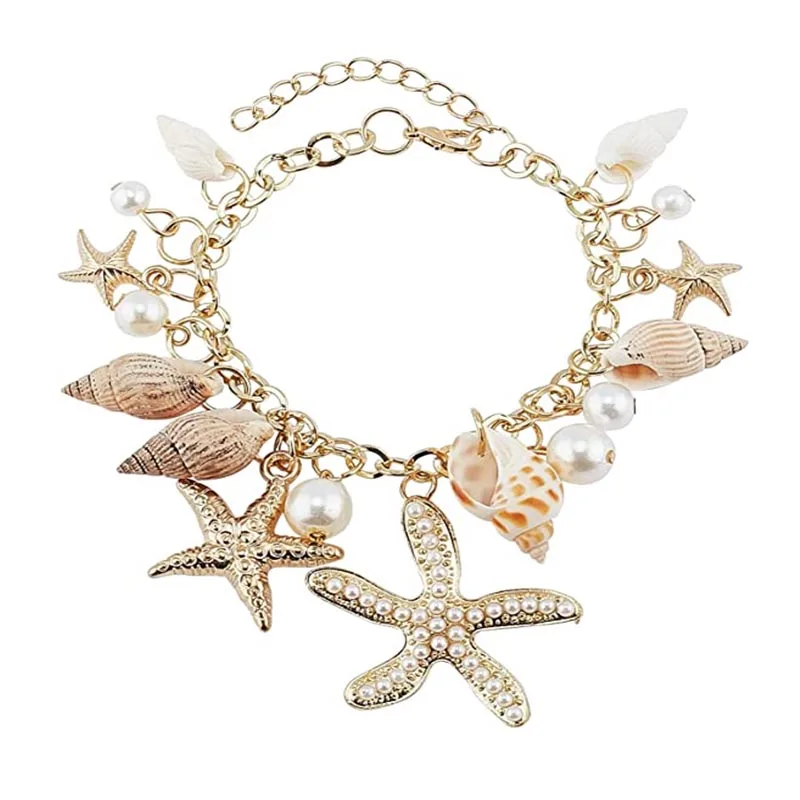 1pc Sea Shell Starfish Bracelets Pearl Charm Bracelets Golden Shell Beads Bracelets Mermaid Costume