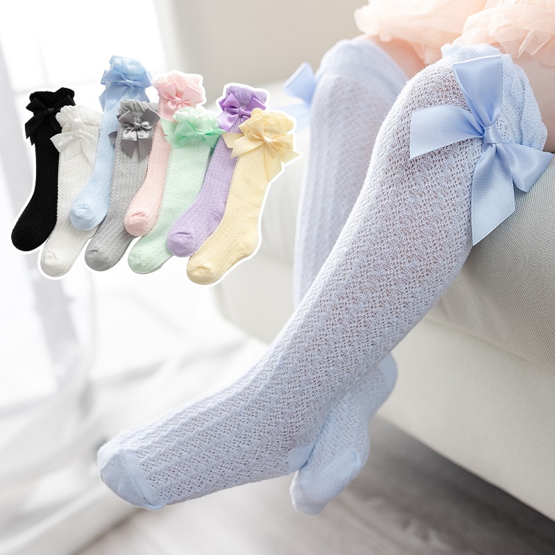 Summer Baby Girls Socks With Bows Cotton Mesh Breathable Newborn Baby Knee High Socks Princess Style Infant Socken for 0-4Years