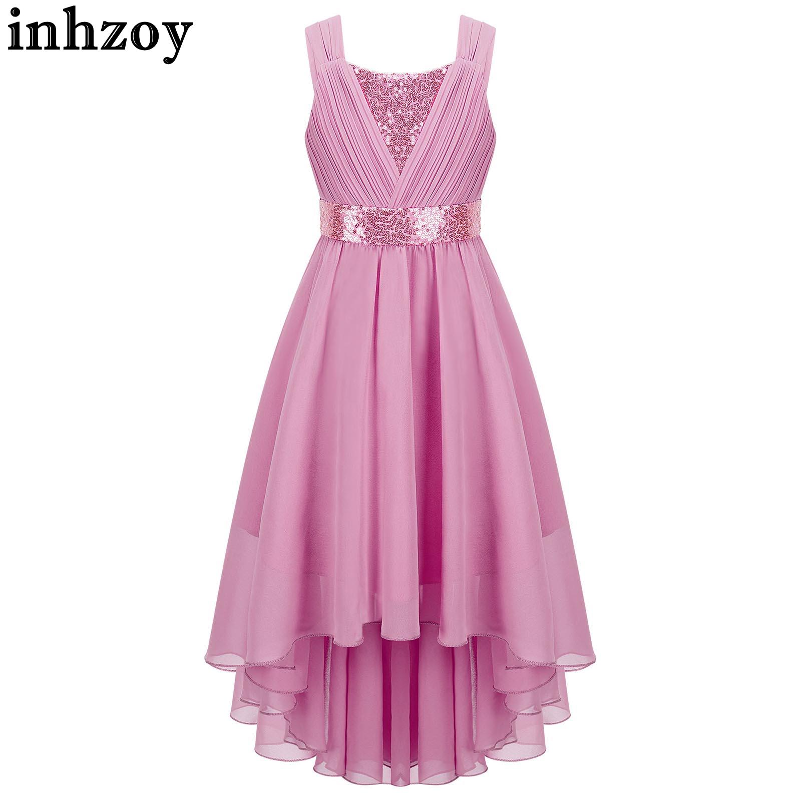 Kids Girls Princess Chiffon Dress Flower Girls Shiny Sequin Ruched High-low Hem Party Dress Wedding Cocktail Birthday Ball Gowns