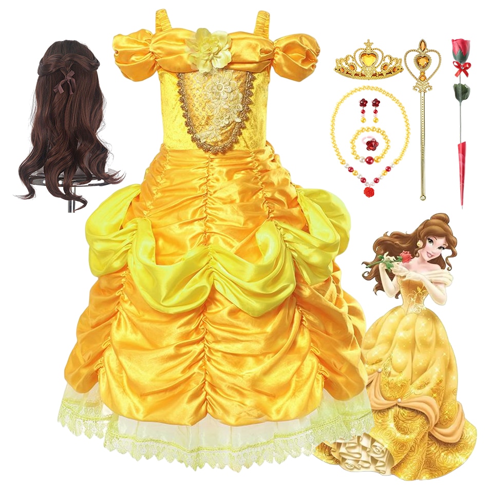 Disney Belle Princess Dress Off Shoulder Layered Costume for Girl Cosplay Clothes Halloween Birthday Party Christmas Kids Dress