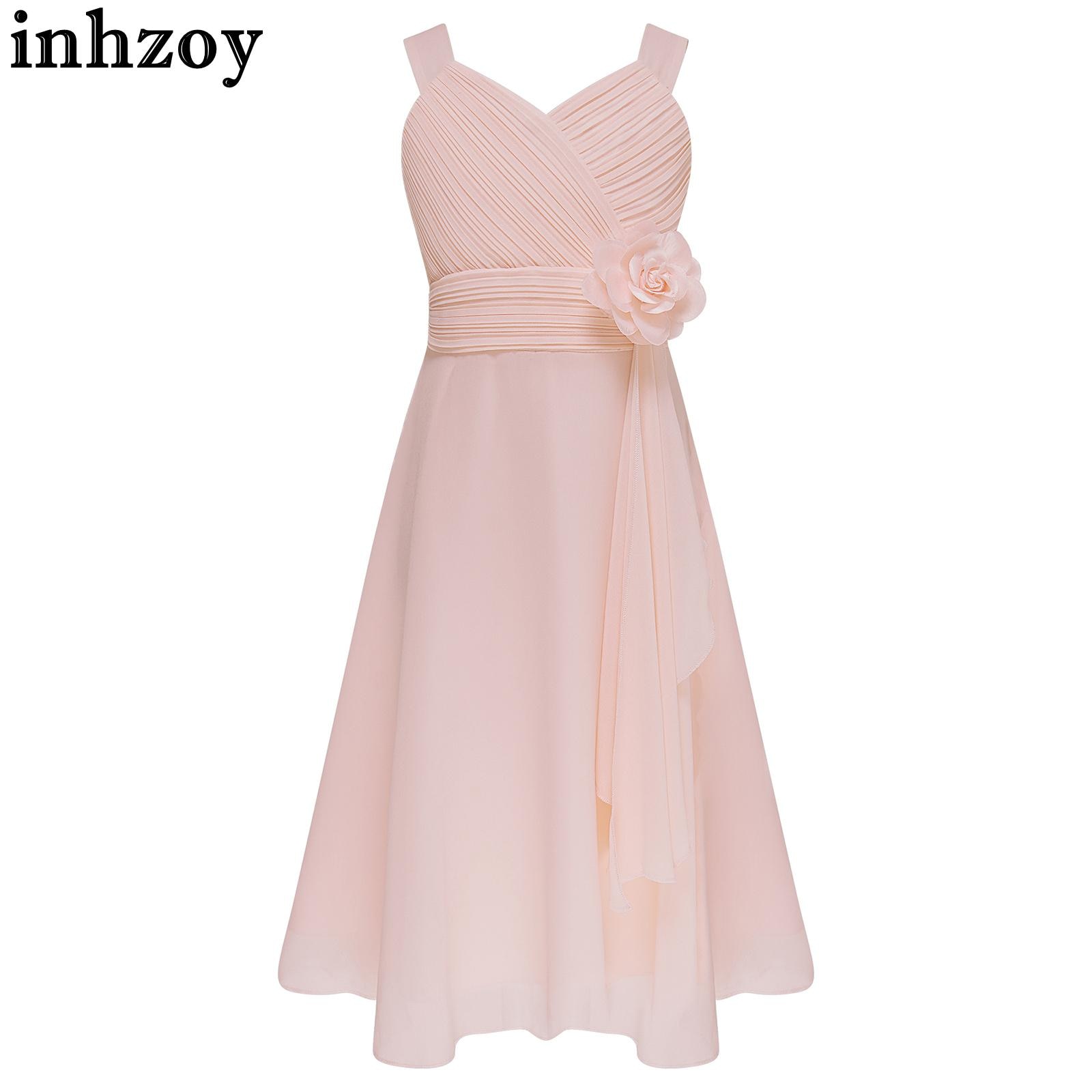 Kids Girls Wedding Birthday Party Dress Princess V Neck Sleeveless Ruched Bodice Chiffon Elegant Dress Special Occasions Gowns