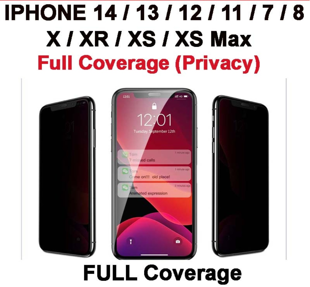 (Full Coverage) Privacy Tempered Glass protector for IPhone 14 / 13 / 12 11 / 11 Pro/ 11 Pro Max / X/ XR / Xs Max / 7/ 8