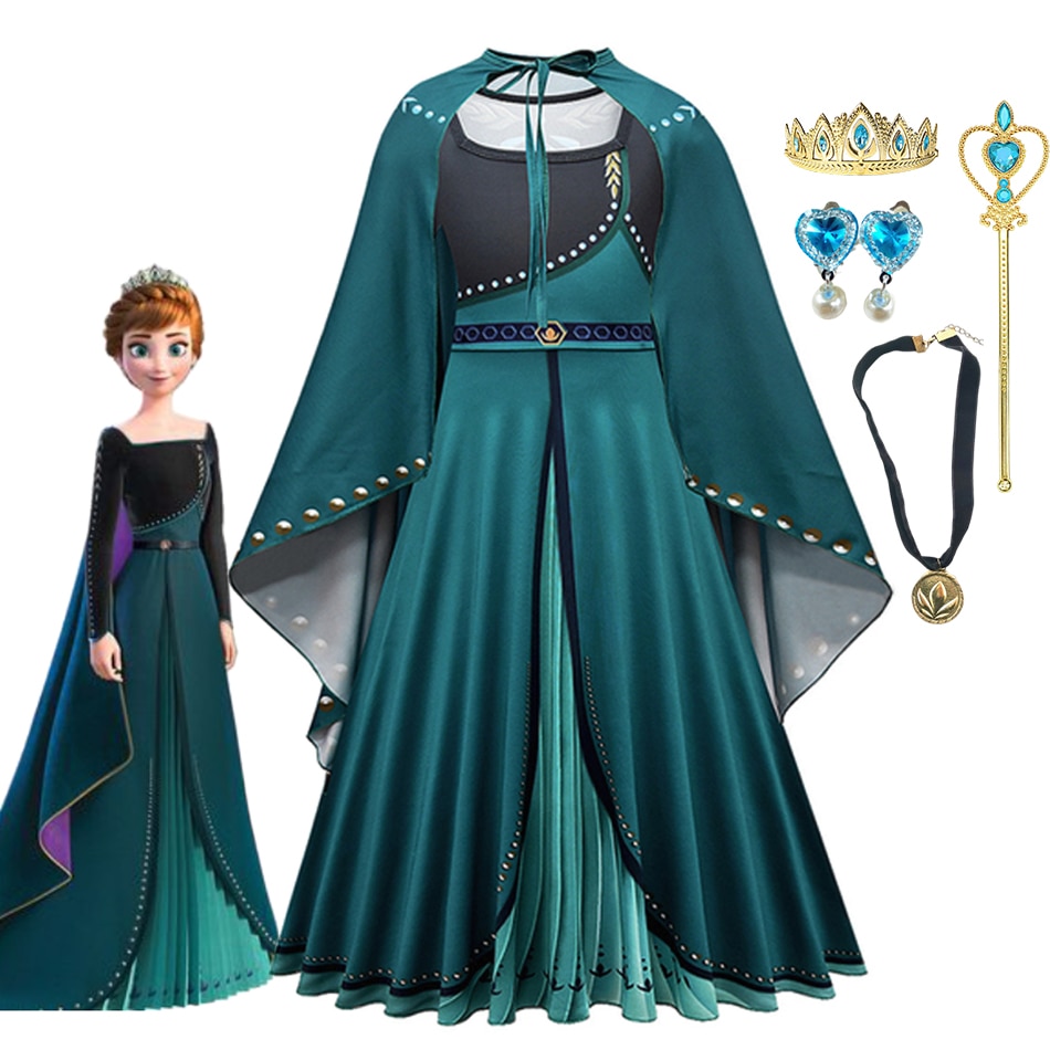 Disney Frozen 2 Anna Princess Costume for Girls Classic Dress and Cape Outfit Set Kids Cosplay Halloween Birthday Party Dress Up