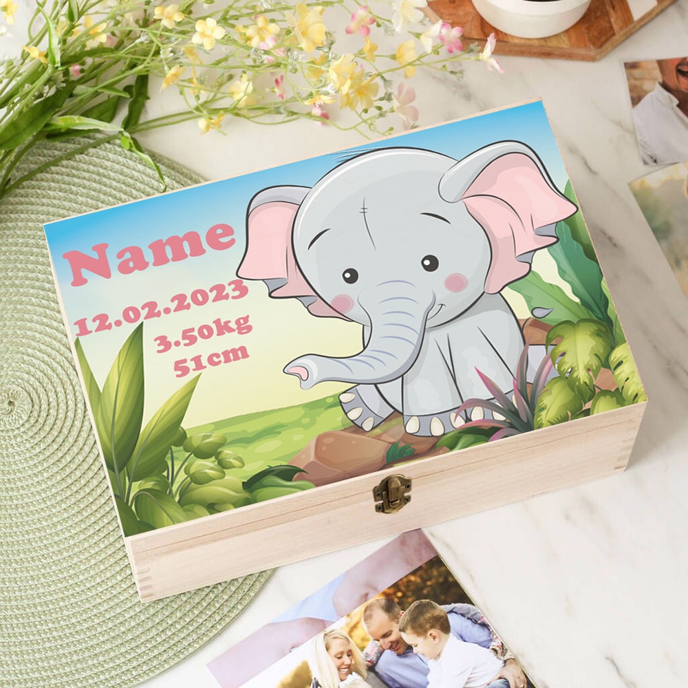 Personalized Memory Baby Box Custom Wooden Box Newborn Shower Gift Storage Box Full Screen Printing Infant Birth Stats Gift