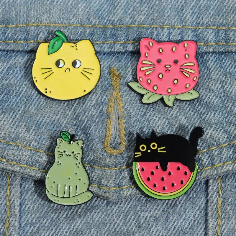 Fruit Cat Enamel Pins Custom Brooches Lapel Badges Strawberry Watermelon Pear Cat