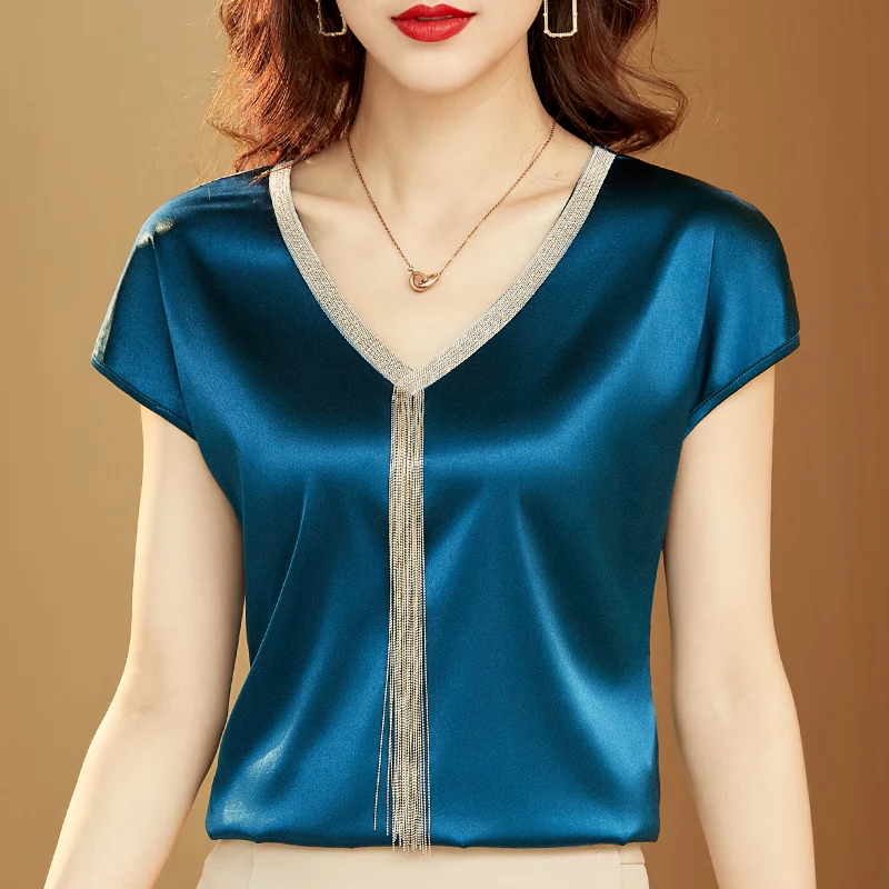 2023 Fashion Woman Shirts and  Blouses Silk Tops Solid V-neck Satin Bat Sleeve for Women Elegant