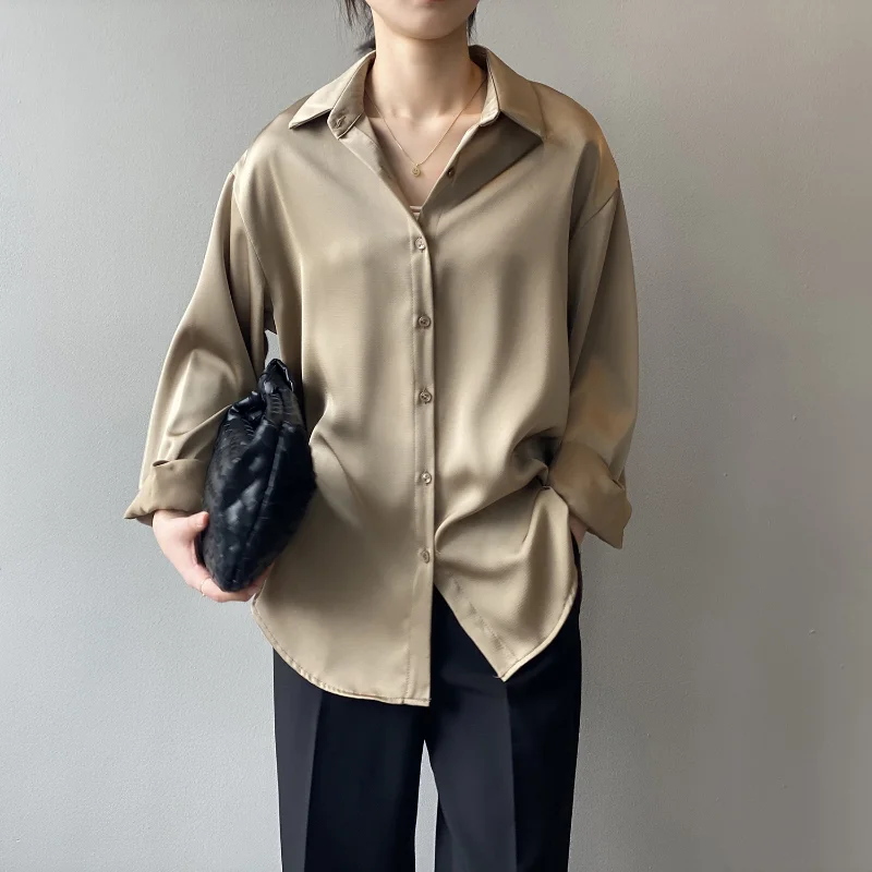 Button Up Satin Silk Shirt Vintage Blouse Spring Fashion Women Korean Tops Lady Long Sleeves Loose