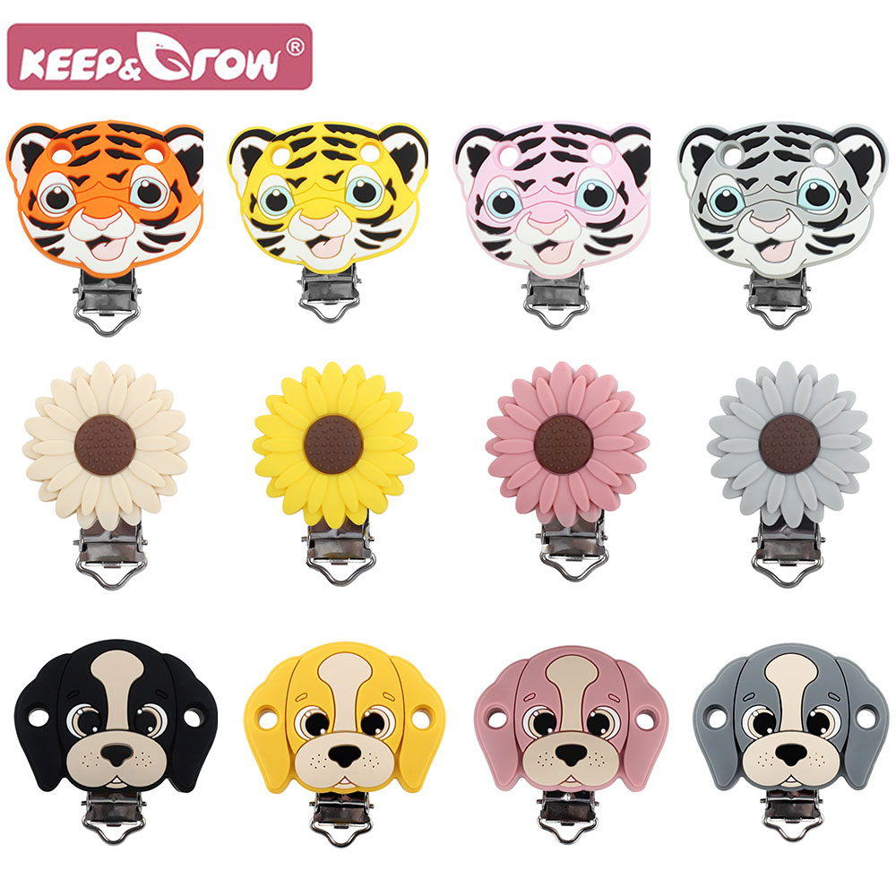 3pcs Baby Pacifier Clips Silicone Sunflower Tiger Puppy Food Grade Newborn Pacifier Clips Nipple Chain Baby Teething Nursing