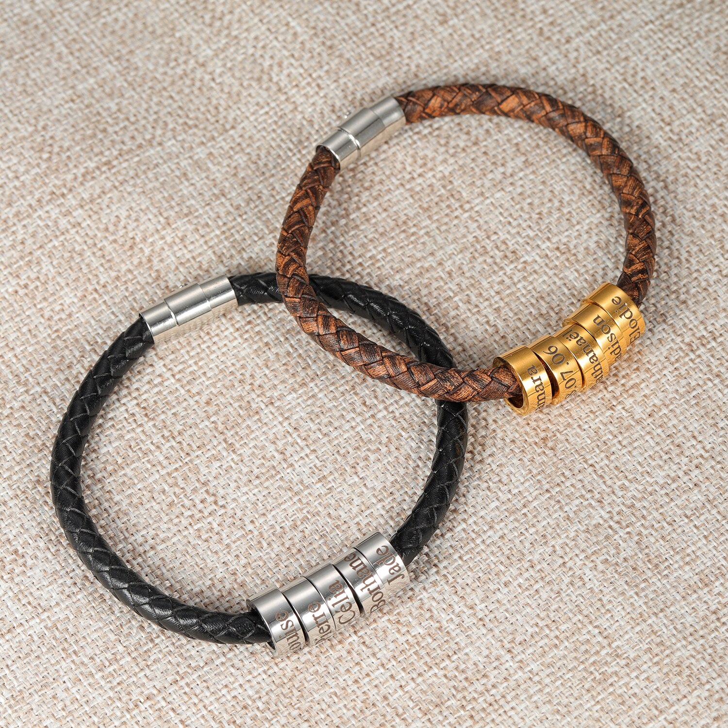 Personalized Men's Black Plaited Leather Bracelets Free Custom Made with Charm Beads Family Names Inspirational Jewelry Dad