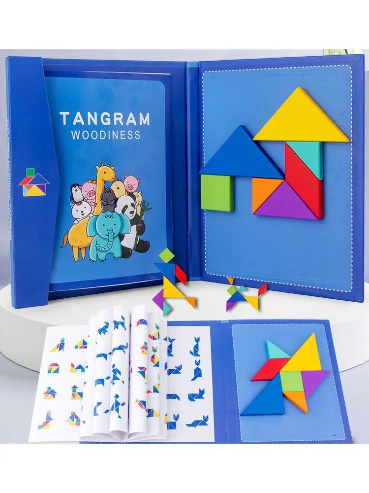 Wooden Jigsaw Magnetic Tangram Puzzle Book Educational Toys For Children Baby Kid Portable