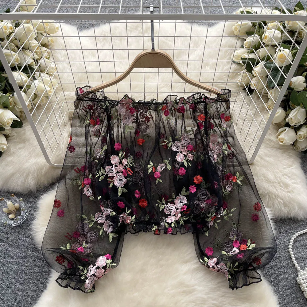 YuooMuoo Romantic Floral Embroidery Lace Transparent Fall Tops Summer Elegant Off Shoulders Beach