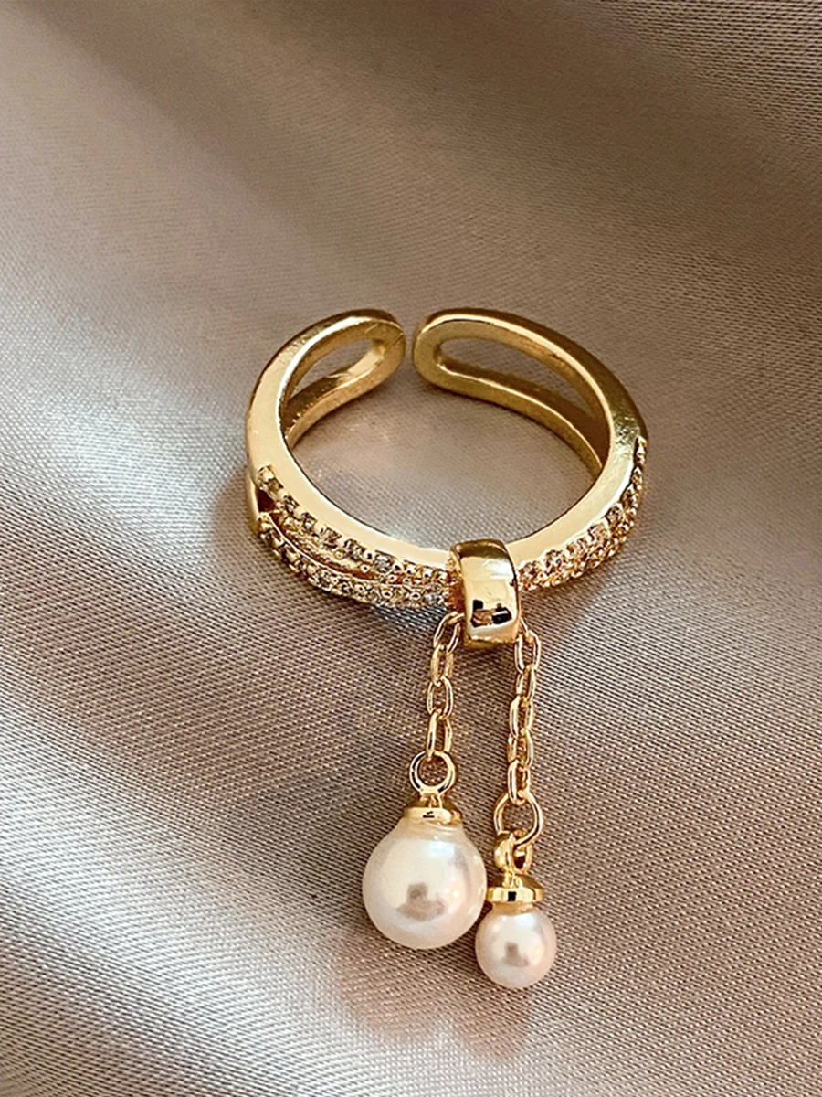 2023 New Unusual Design Pearl Tassel Gold Color Open Ring Korean Fashion Jewelry For Women Girl's
