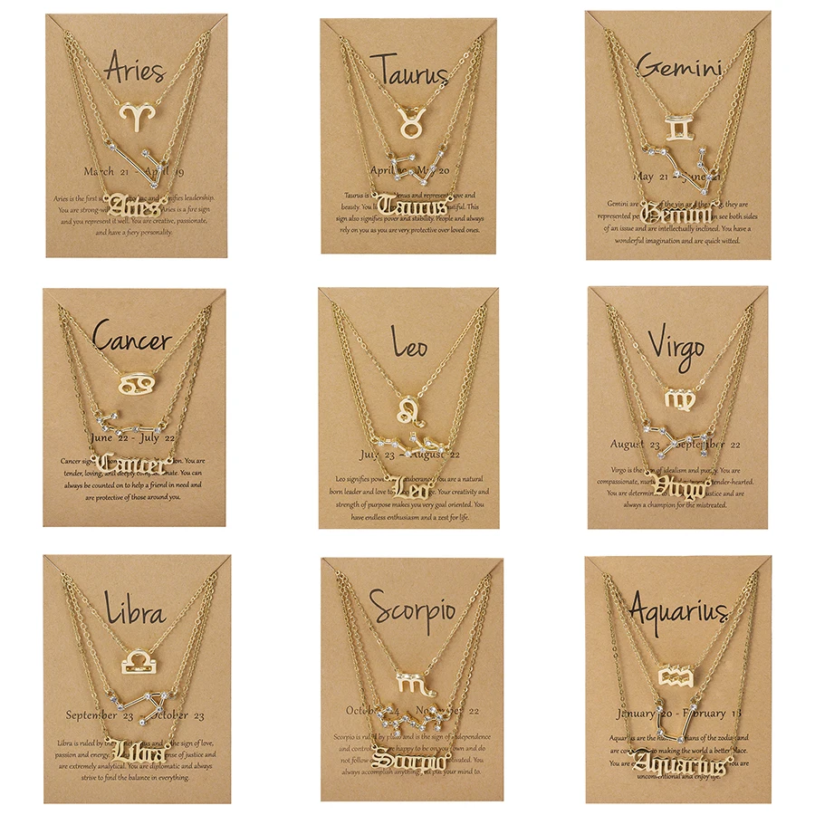 3Pcs/set 12 Zodiac Sign Necklaces Set For Women Constellation Pendant Chain Choker Birthday Jewelry