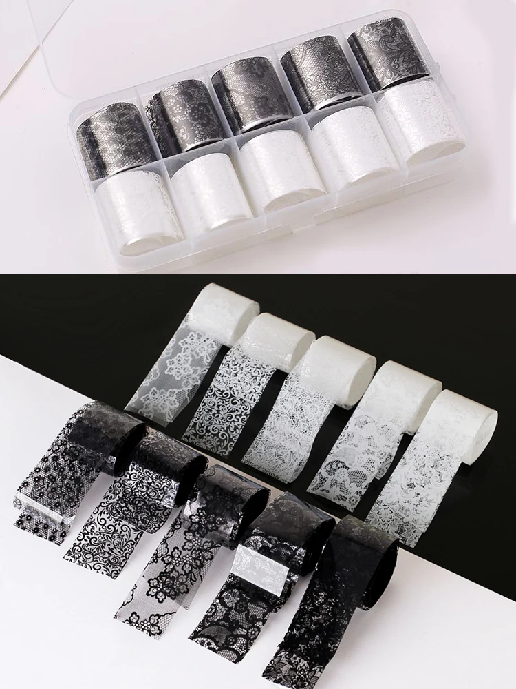 10 Rolls 2.5*60cm New Black White Lace Transfer Foil Nail Art Sexy Full Wraps Flower Glue Adhesive