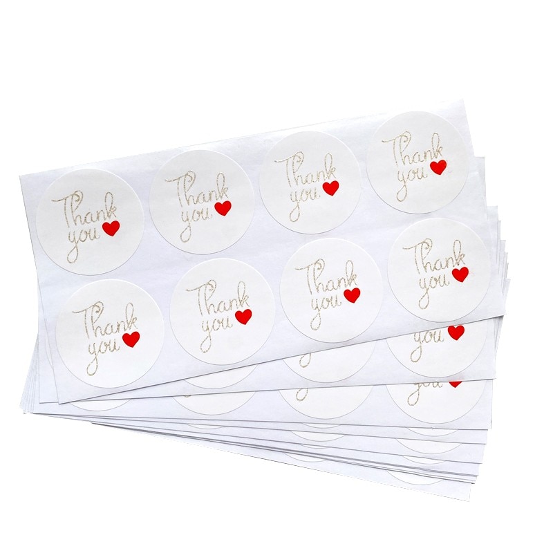 800pcs wholesale Thank You Golden Round Thank you golden glitter Red heart on white background sealing sticker 5*5CM