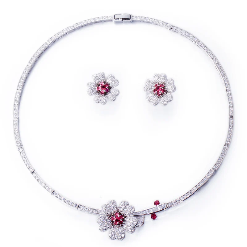CWWZircons Druzy CZ Stone Big Red Flower Wedding Bridal Choker Necklace and Earrings Party Costume