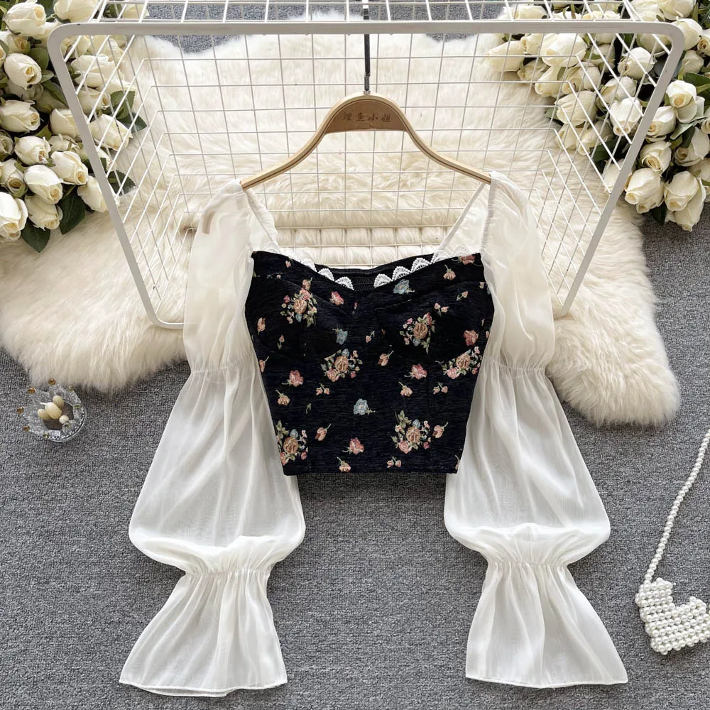 YuooMuoo Chic Korean Fashion Women Blouses 2023 New Autumn Long Sleeve Patchwork Floral Print Black