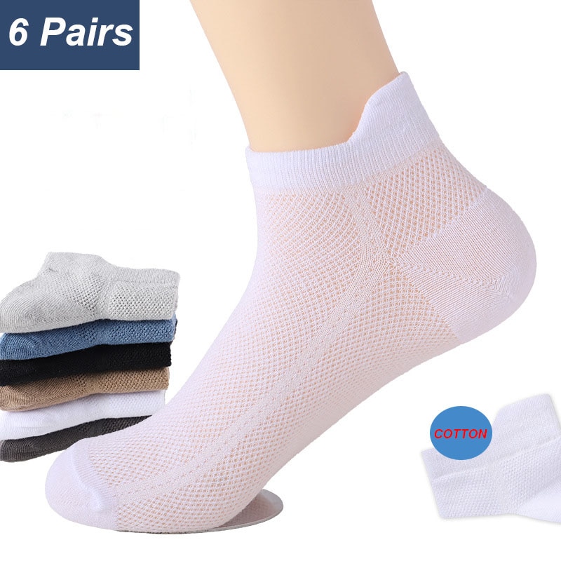 6 Pairs Men High Quality Pure Cotton Sports Socks Summer Thin Mesh Breathable And Comfortable Black And Ankle Invisible Socks