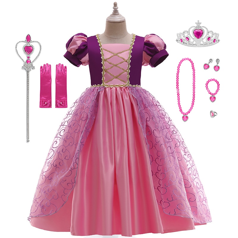 Disney Tangled Rapunzel Princess Dresses Girls Cosplay Pink Costumes Kids Dress Up Carnival Party Dress Halloween Clothing