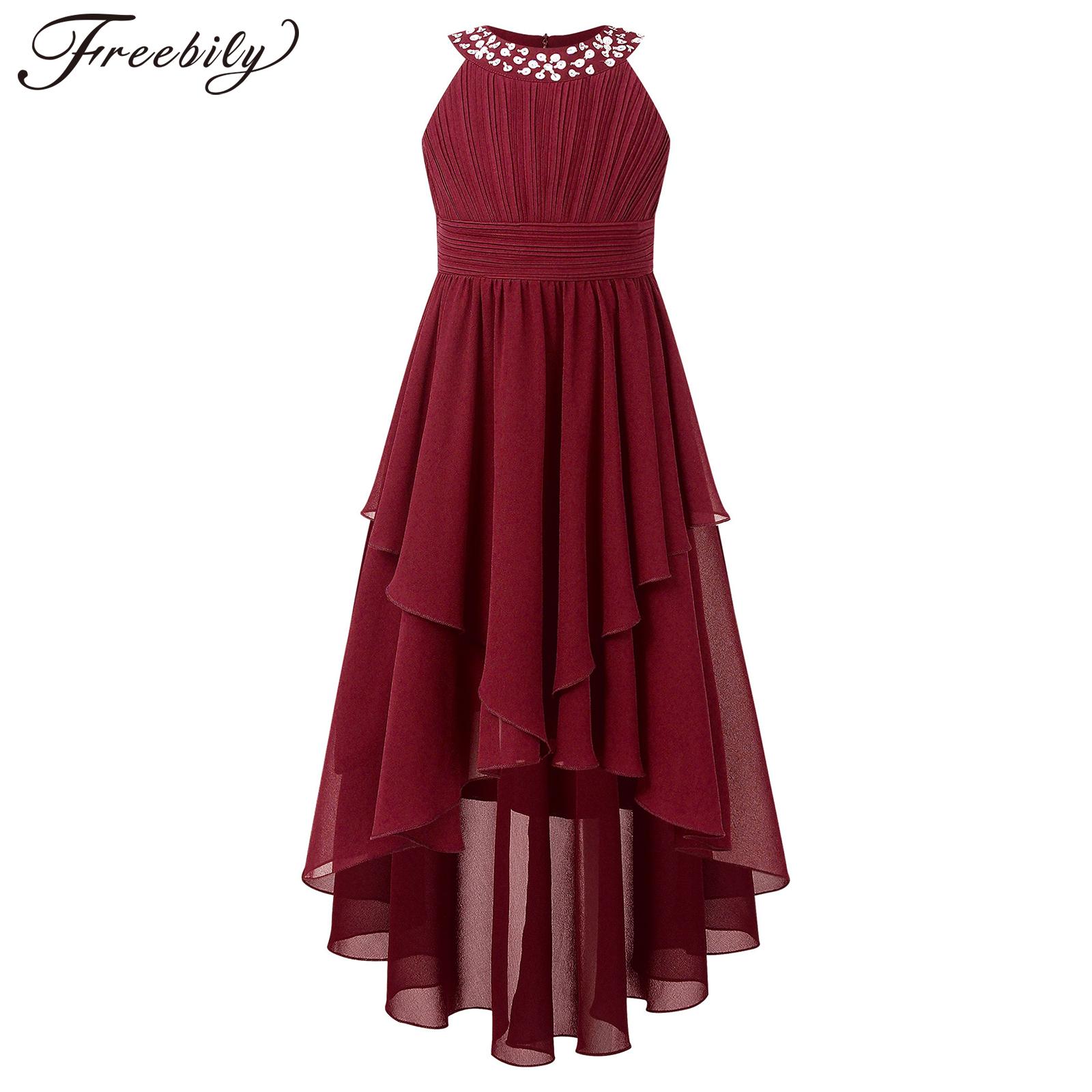 Kids Chiffon Flower Girls Dress Shiny Beaded Princess Tulle Dress Birthday Party Evening Wedding Bridesmaid Formal Summer Dress