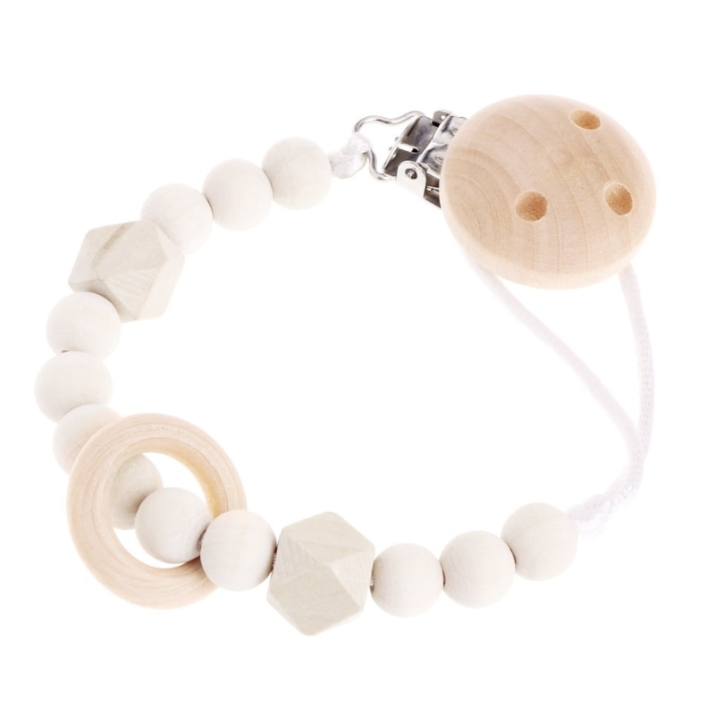 Baby Pacifier Chain Wooden Clip Geometric Bead Wood Teether Baby Pacifier Holder