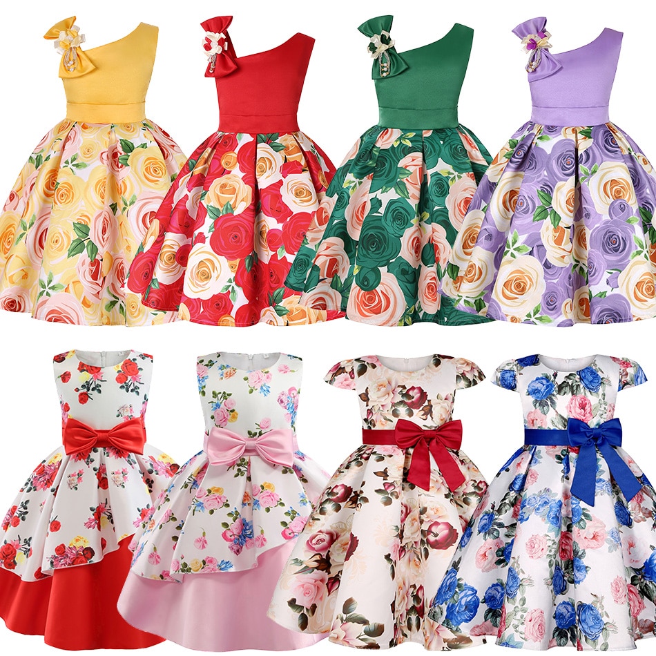 2-10T Girls Flower Dress Sloping Shoulder Bridesmaid Wedding Princess Children Bow Birthday Ball Party Show Formal Evening Dress