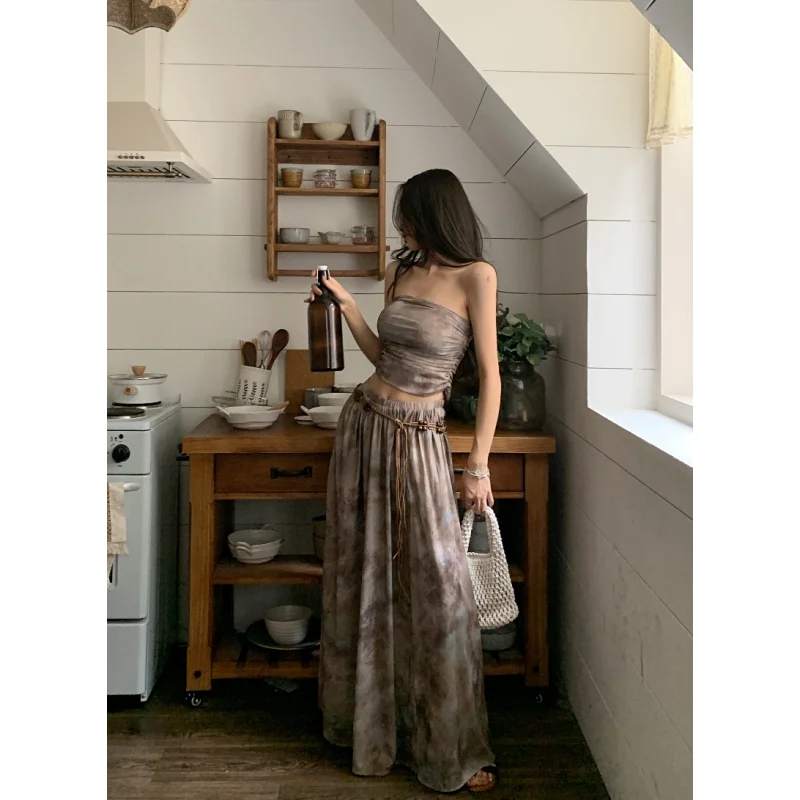 Summer Apricot Vest Skirt Womens Tie-dyed Two Piece Set Fashion Y2K Belt 2023 NEW Female Temperament