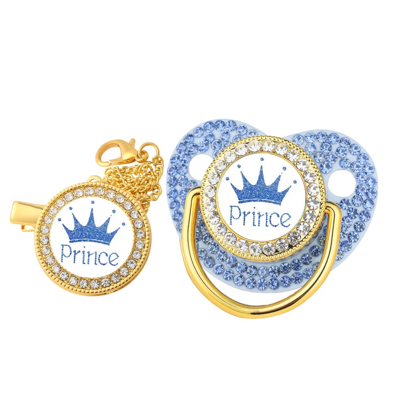 Luxury Baby Pacifier Clip Prince Princess Crown Infant Nipple BPA Free Silicone Newborn Pacifiers Clip Chain with Cover Chupetes