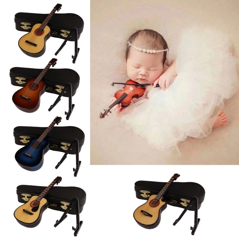 Newborn Photography Prop Antique Mini Guitar for Baby Photoshoots Wood Musical Instrument Decorations Birthday Gift