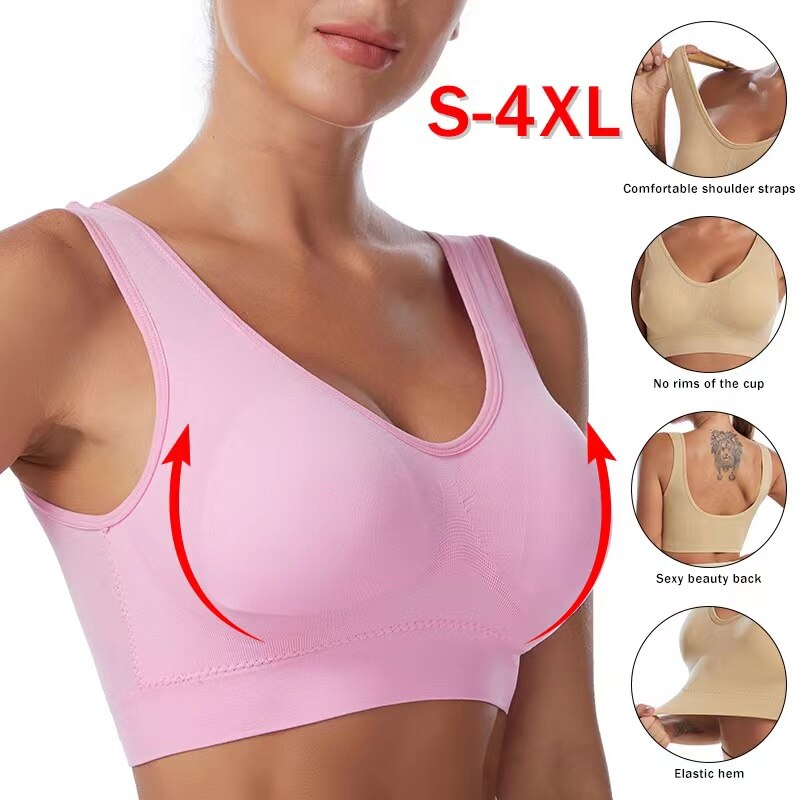 Sports Bra Women's No Steel Ring Gathered Vest Style Beautiful Back Underwear Large Size With Insert Pad Running Yoga Bra