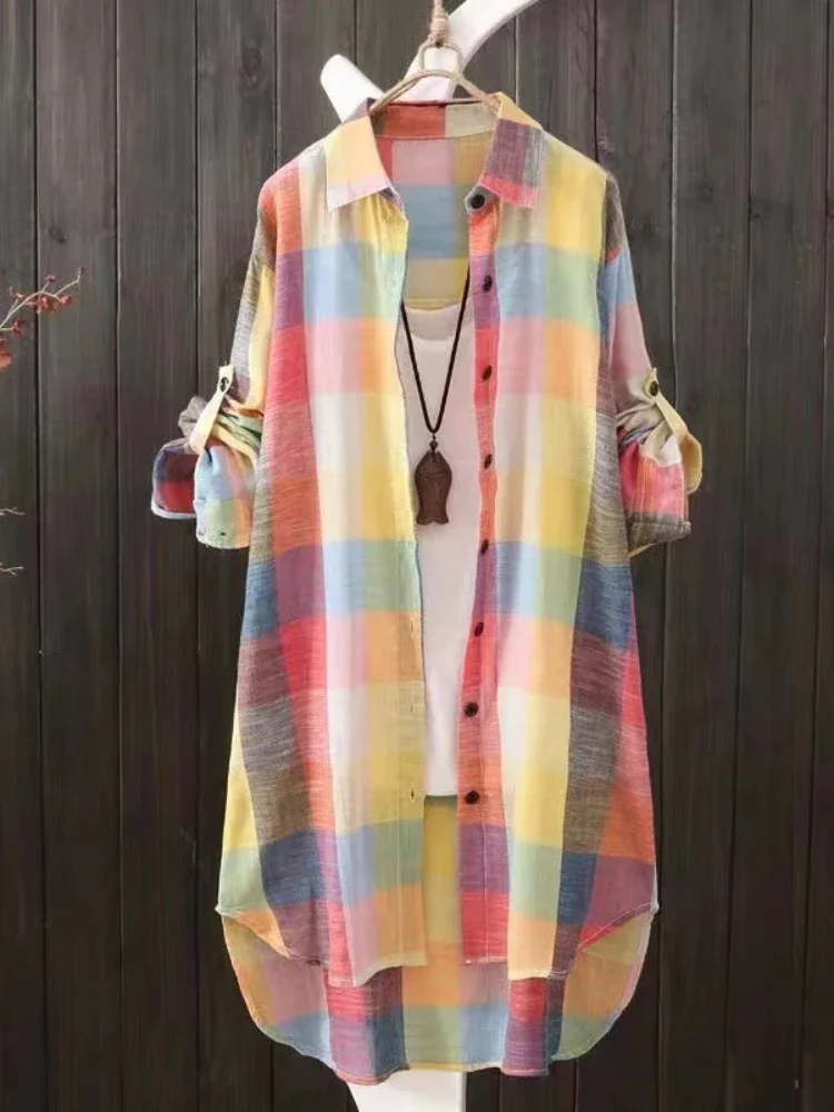 Women's Plaid Cotton Shirt Chic Women Blouse Elegant and Youth Women's Blouses New In External