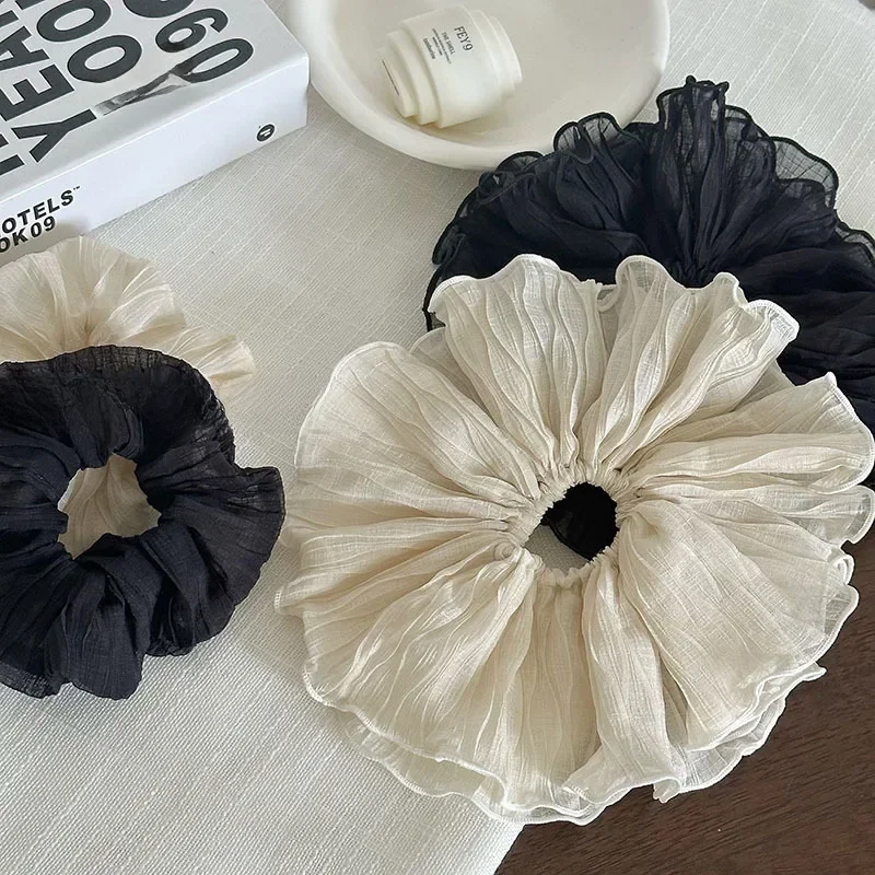 2023 New Korean Black White Lace Cotton Pleated Scrunchies French Retro Temperament Sweet Large Hair