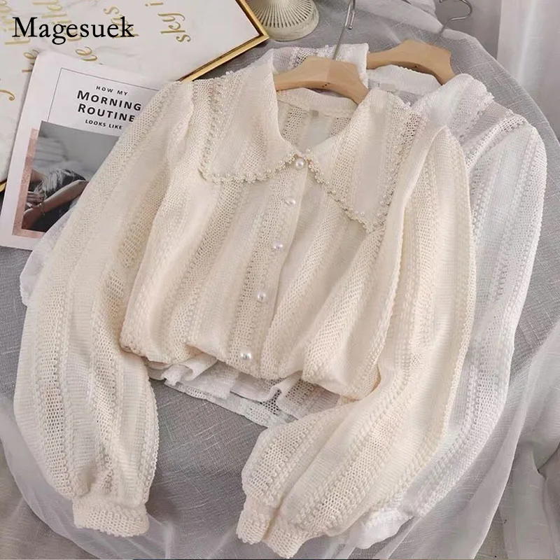 Elegant Button Lace Blouse Women Spring New Hollow Peter Pan Collar White Tops Fashion Office Lady