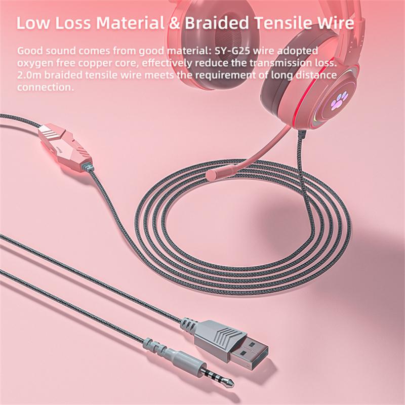 With Mic Surround Stereo Earphone Luminous For Ps5 Gaming Headset Game Component Sy-g25 Detachable Cat Ear Wired Headset
