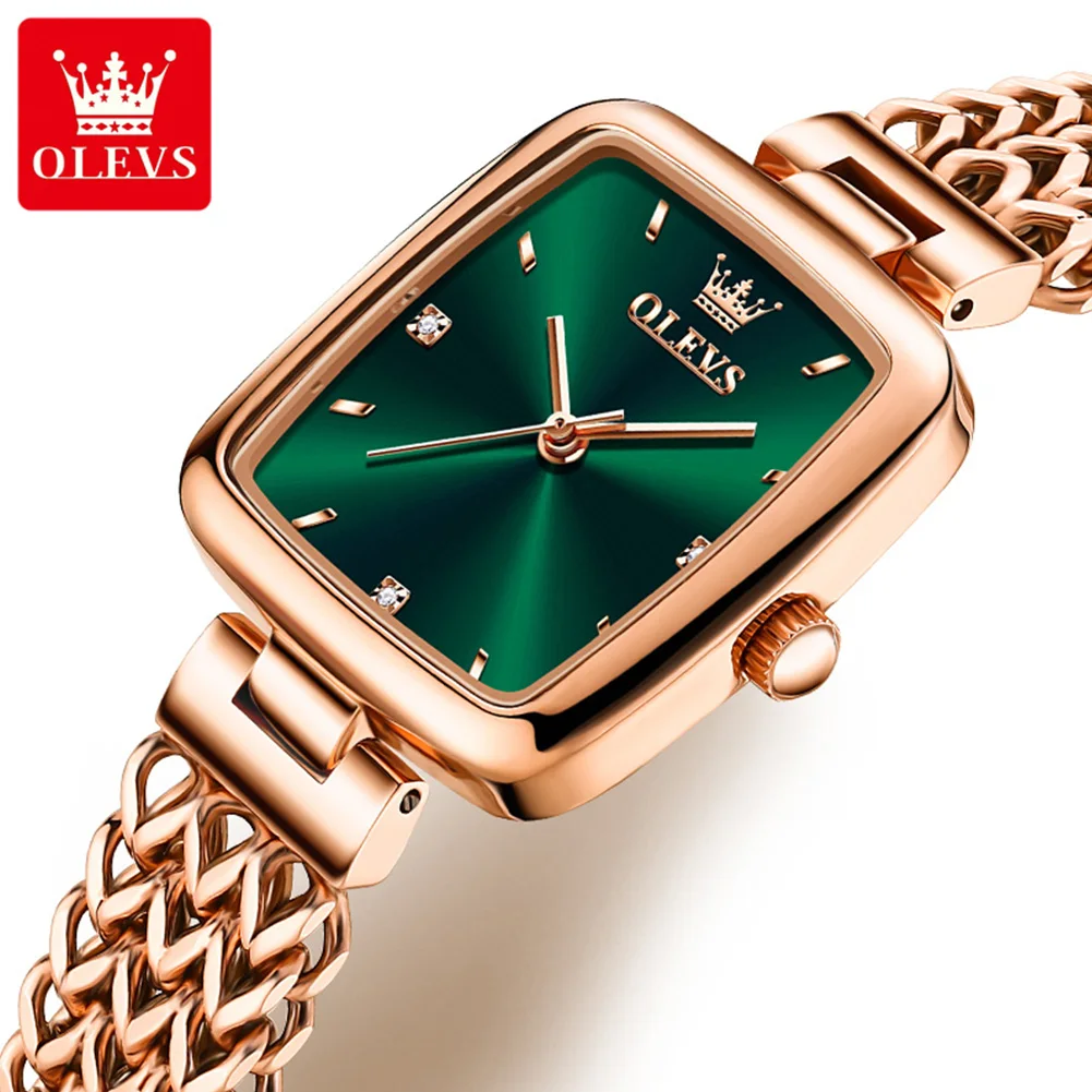 OLEVS Quartz Watch for Women Elegant Rose Gold Stainless Steel Square Watch Original Ladies