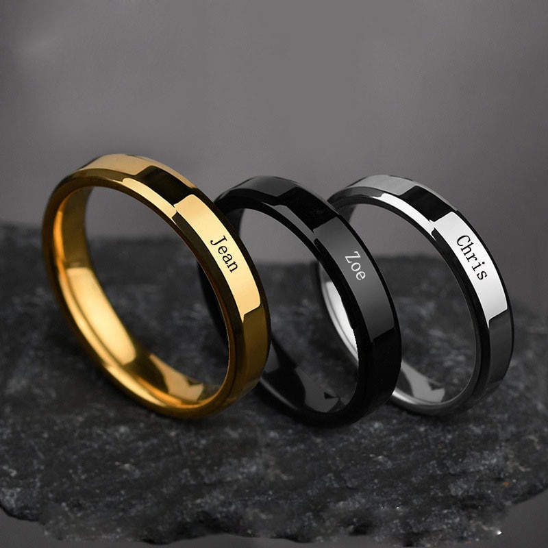 Personalized Engrave Name Letters Stainless Steel Rings For Men Women Custom Love Heart Couple Birthday Date 6mm Ring Jewelry