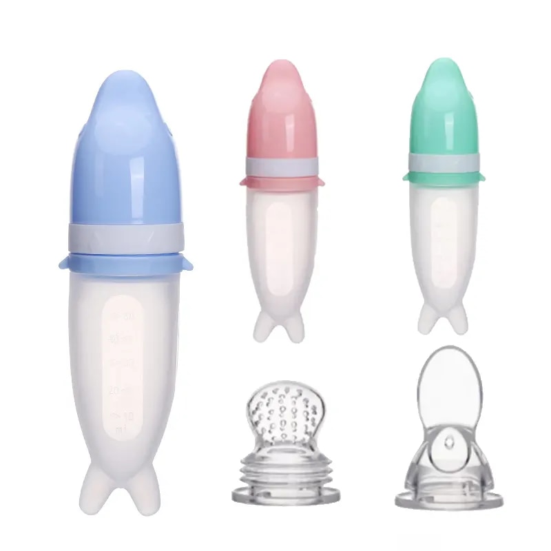 50ML Cartoon Dolphin Baby Feeding Bottle Safe Milk Fruit Vegetables Newborn Silicone Feeding soft Spoon Baby Training Feeder