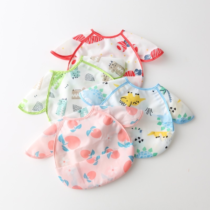 Cute Cartoon Baby Bib Adjustable Animal Pattern Waterproof Saliva Dripping Bibs Long Sleeve Apron Saliva Towel for 0-4Years