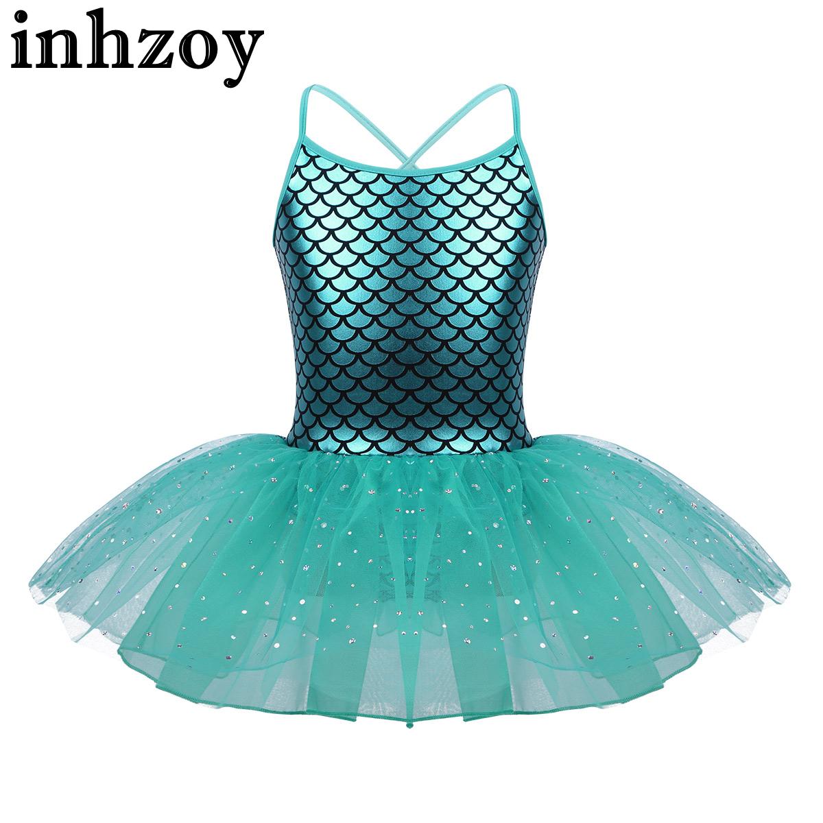 Little Girls Glitter Mermaid Leotard Tutu Dress Sleeveless Fish Scales Printed Cami Dress Ballet Dance Gymnastics Costume