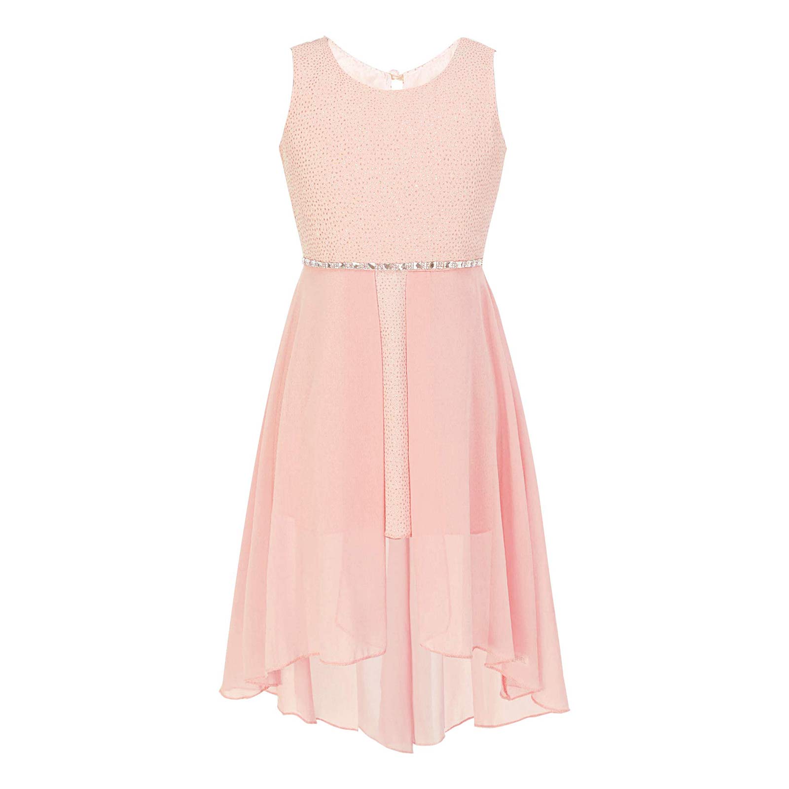 Kids Flower Girls Tulle Dress Sleeveless Sparkly Rhinestone Waist High-low Chiffon Princess Dress Birthday Wedding Bridesmaid