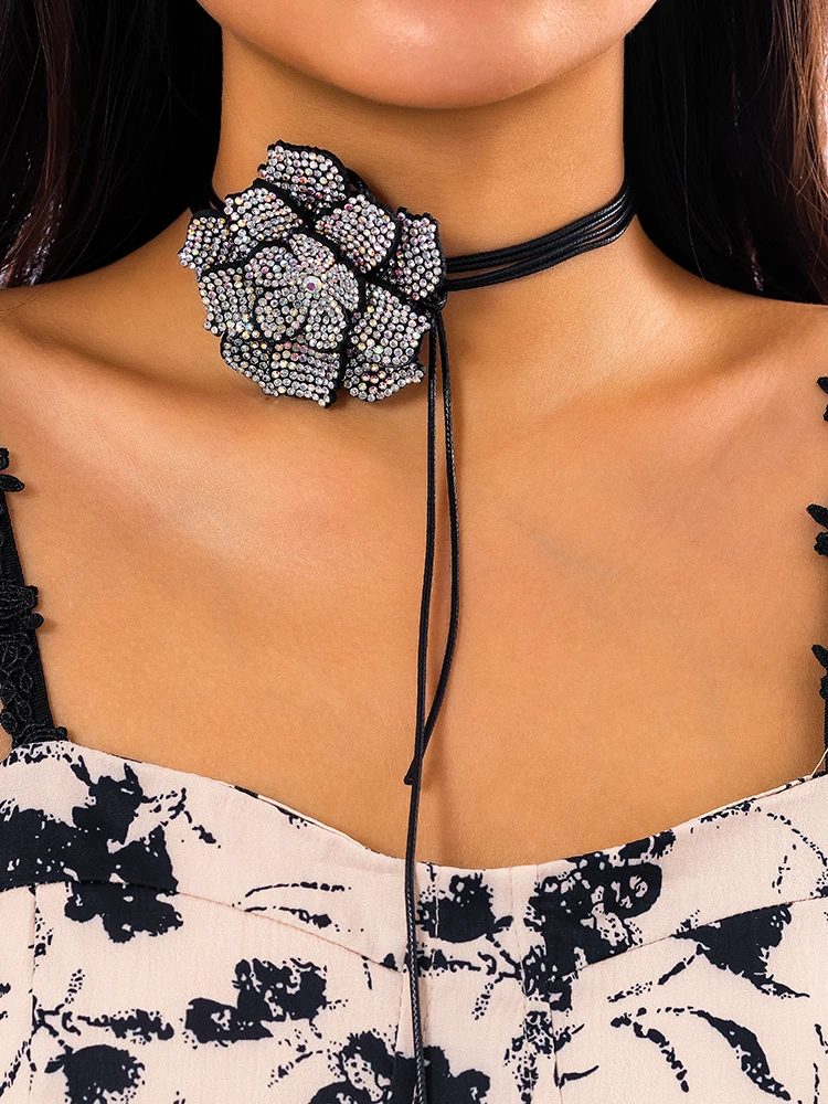 IngeSight.Z Luxury Full Rhinestone Big Rose Flower Choker Necklace Women Black Leather Wax Rope
