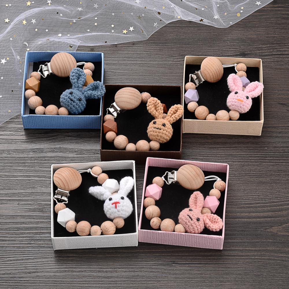 Gift Boxed Handmade Crochet Cartoon Rabbit Pacifier Chain Baby Wooden Nipple Clips For Anti-Drop Nursing Baby Dummy Holder Chain