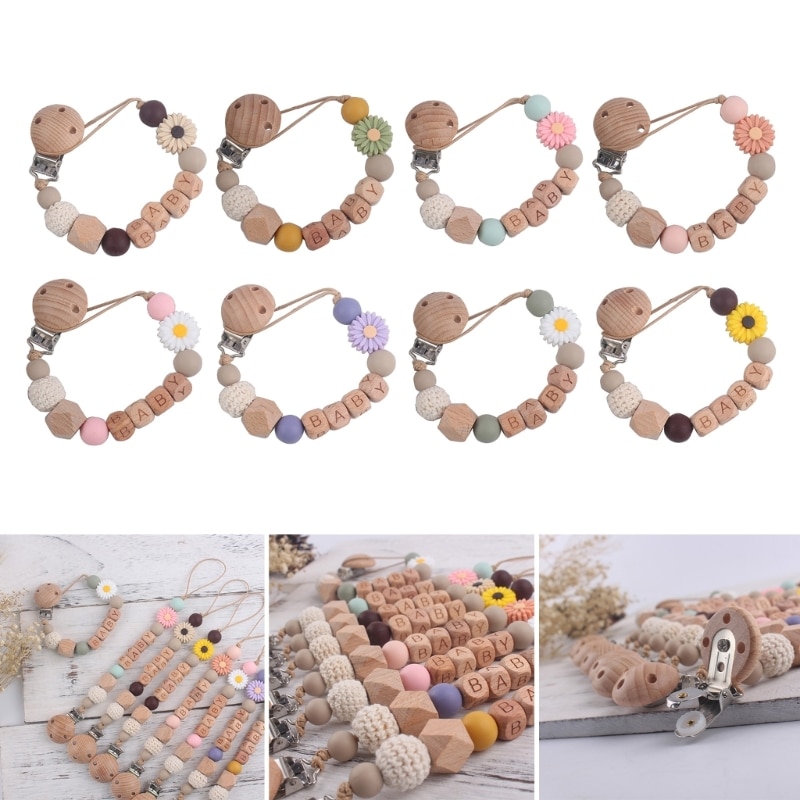 Baby Boy Girl Name Pacifier Clip Silicone Wood Teether Toy for Baby QX2D