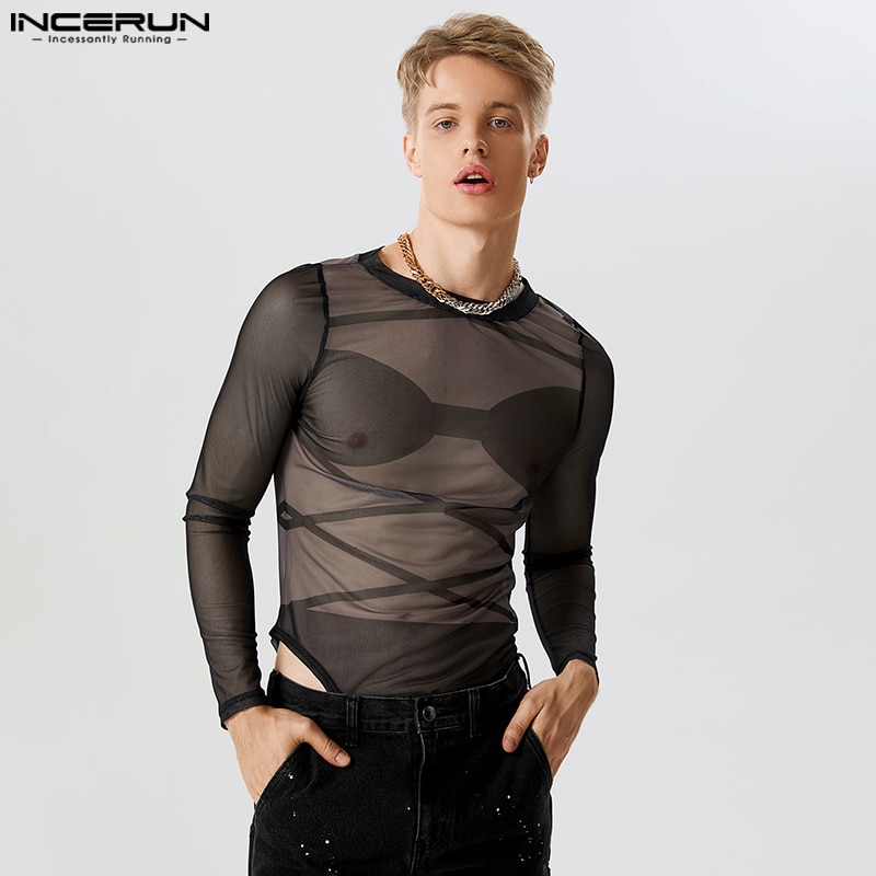 INCERUN 2023 American Style Men's Thin Homewear Cross Print See-through Mesh Jumpsuits Fashion Male Sexy Long Sleeved Bodys