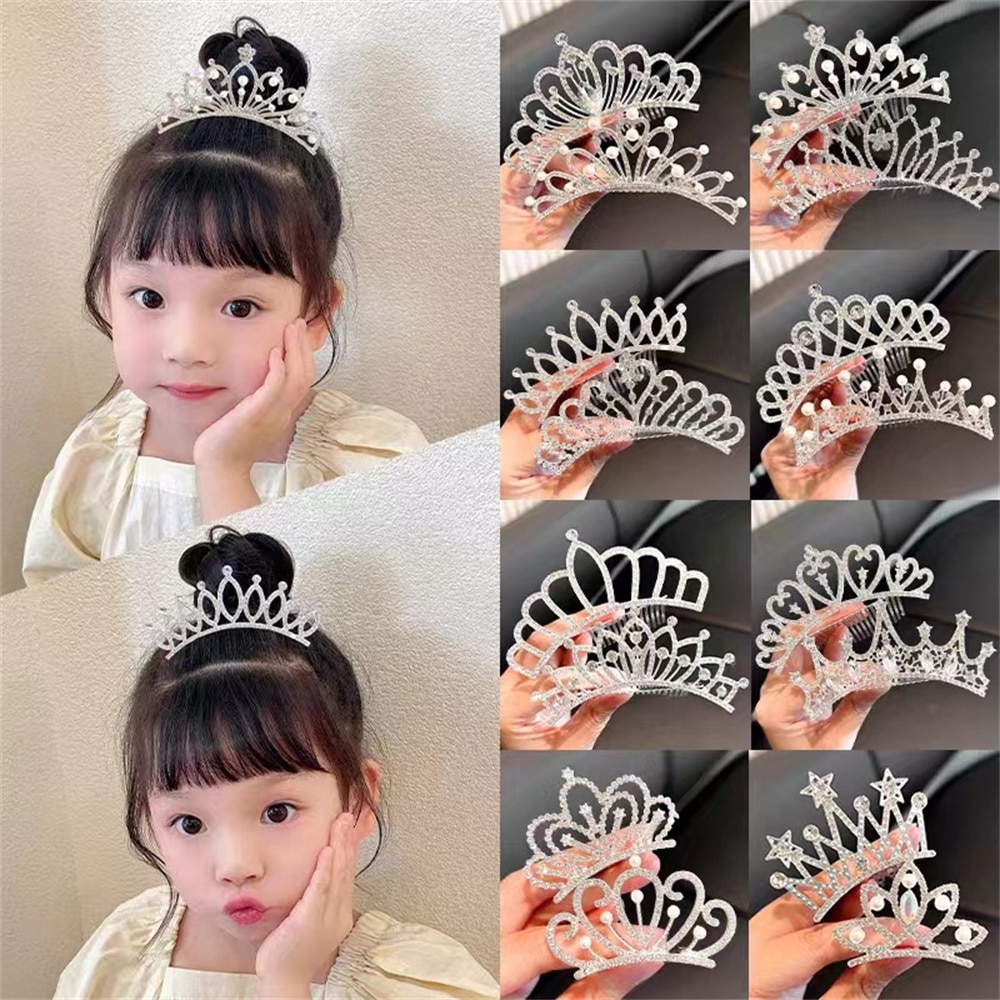 Children Crown Hair Comb Princess Pearl Crystal Little Girl Hair Band Korean Girl Headwear Rhinestone Hair Accessories