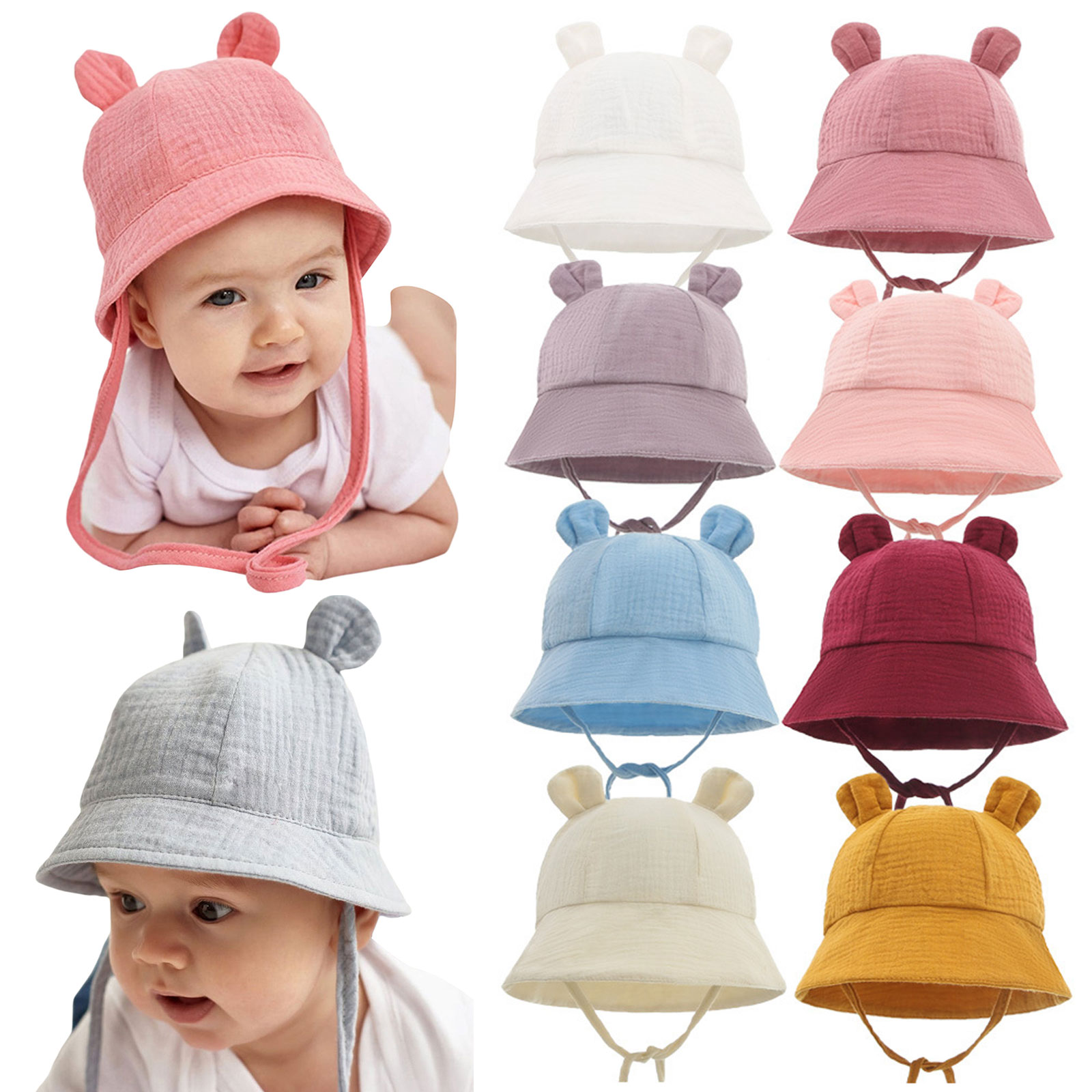 Baby Bucket Hat Solid Color Fisherman Cap Sun-Resistant Hat with Ear Decors for Spring Summer 3-12 Months