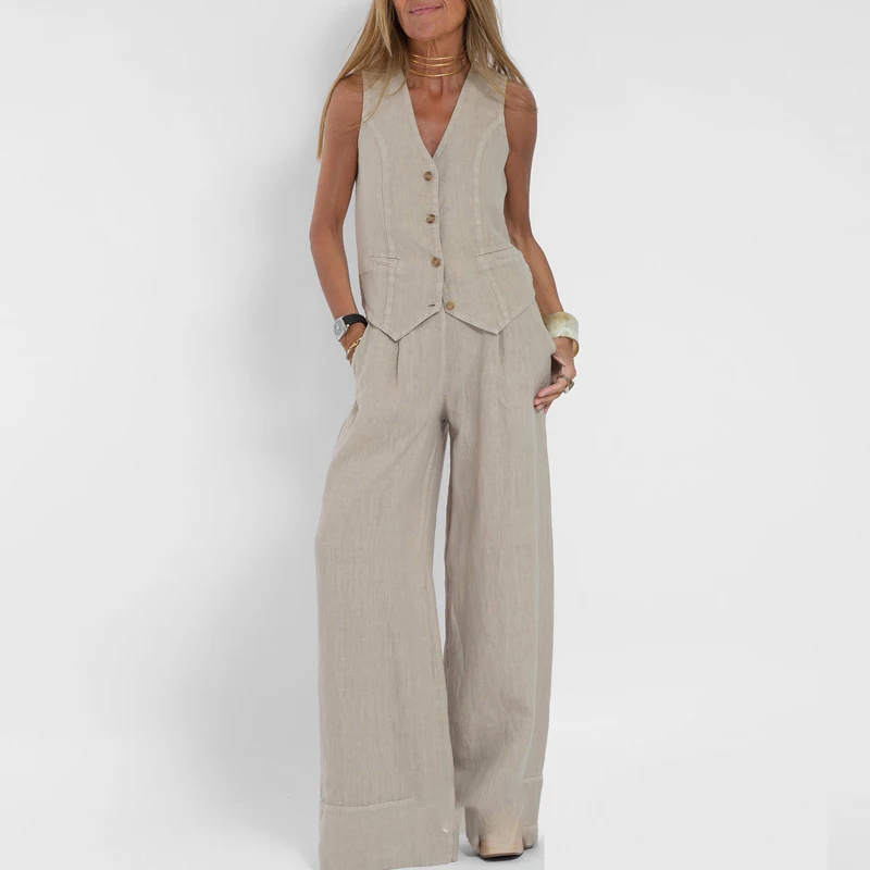 Spring Solid Cotton Linen Casual Set for Women Sexy V Neck Vest Top & Wide Leg Pants Outfit Summer