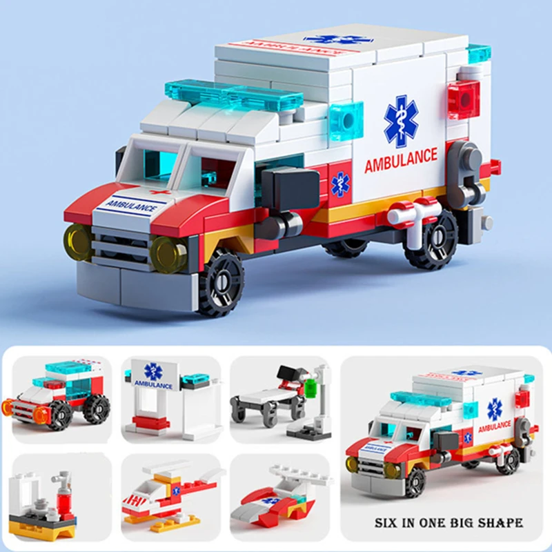 6in1 NEW Ambulance Escort Car Helicopter Paramedic Doctor Mini Loader Truck Classic Model Building